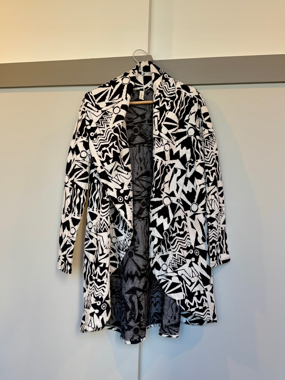Tyche Black White Abstract Geometric Knit Open Cardigan Duster Made in USA M